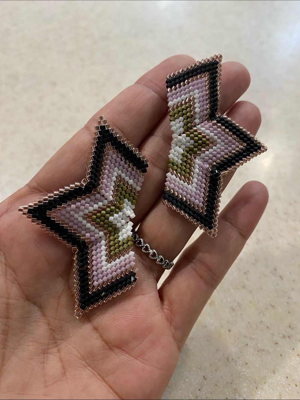 Handmade Pink & Olive Star Beaded Earrings